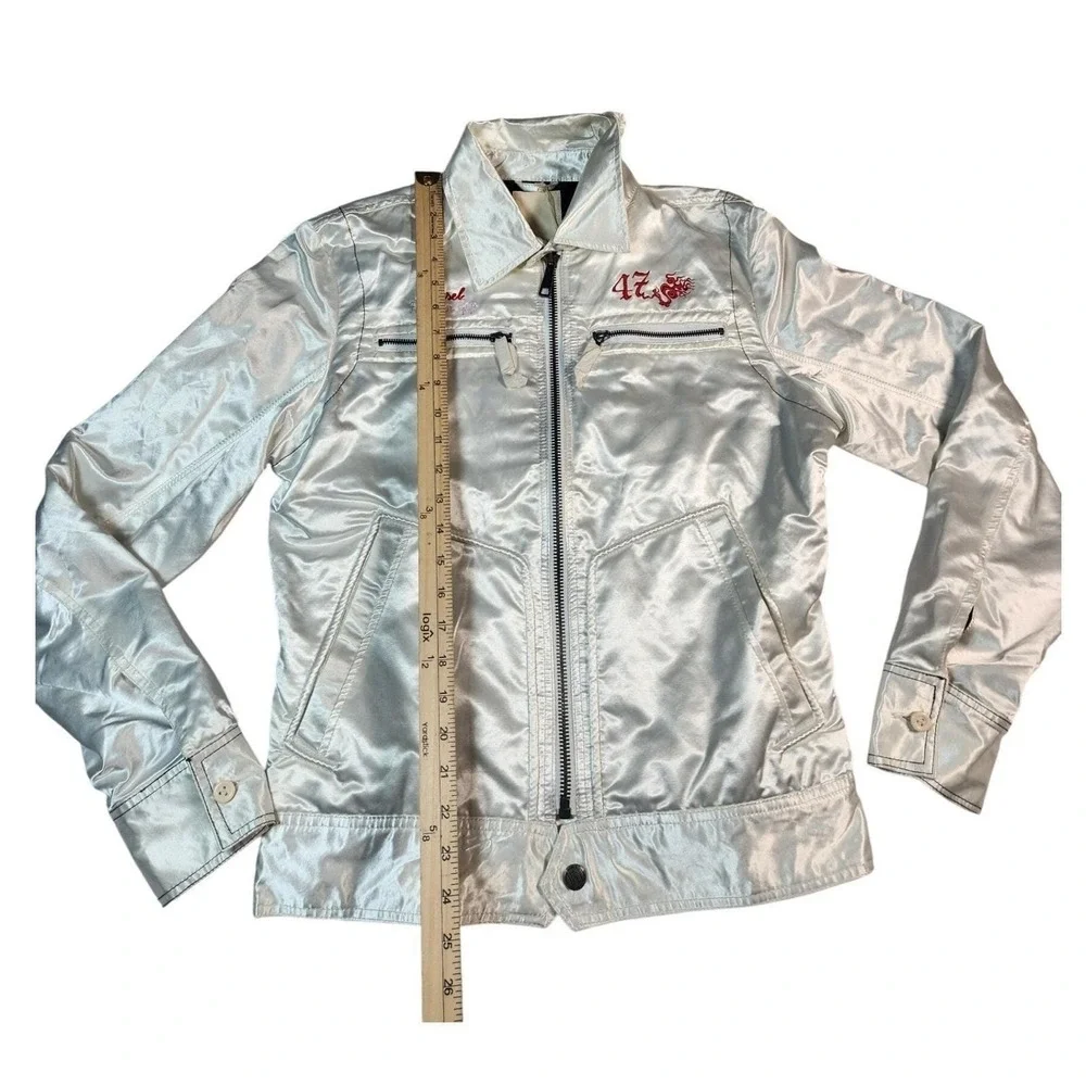 NWT Diesel Satin Bomber Jacket Panther Embroidery - Silver/White Size M Rare VTG
